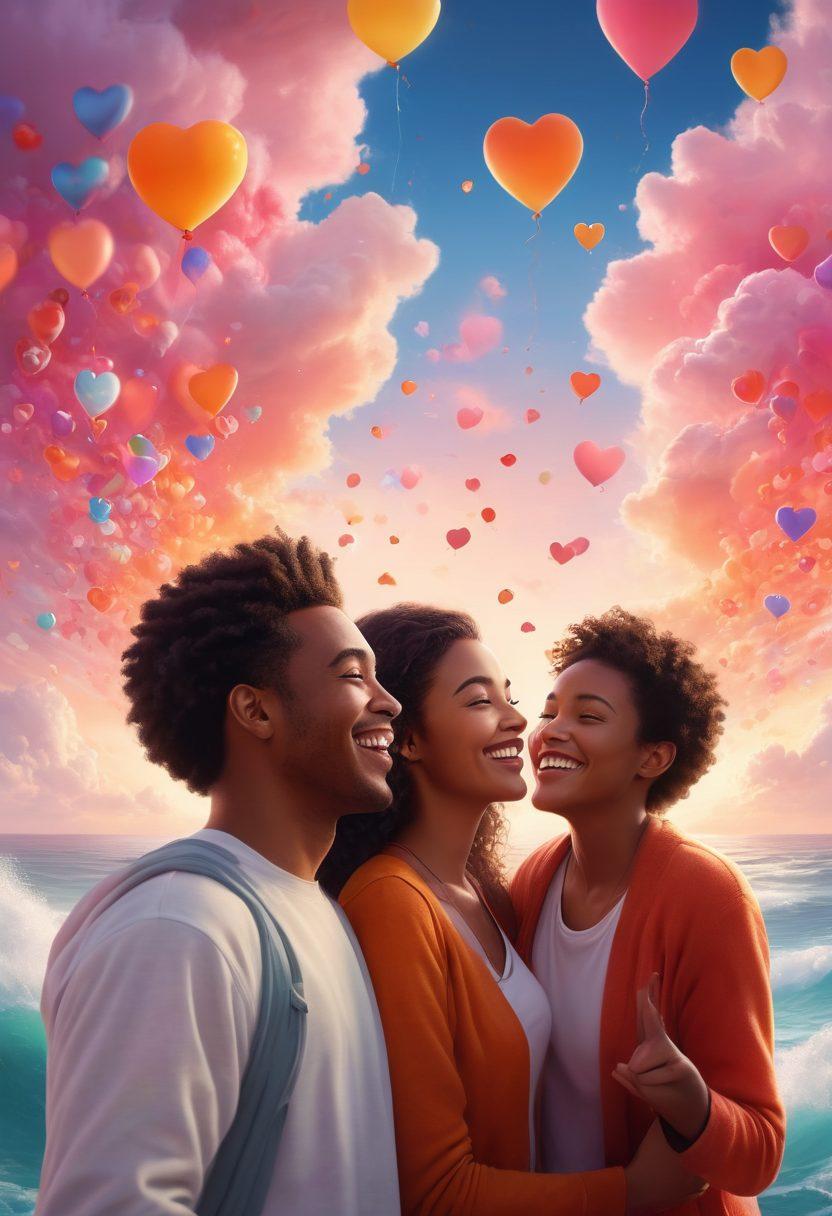 A vibrant digital landscape filled with happy people connecting through glowing screens, sharing smiles and laughter. Incorporate elements like hearts, chat bubbles, and diverse characters interacting online, symbolizing joy and togetherness. The backdrop should feature soft, dreamy cloud patterns and warm, inviting colors to evoke a sense of bliss. super-realistic. vibrant colors. ethereal atmosphere.