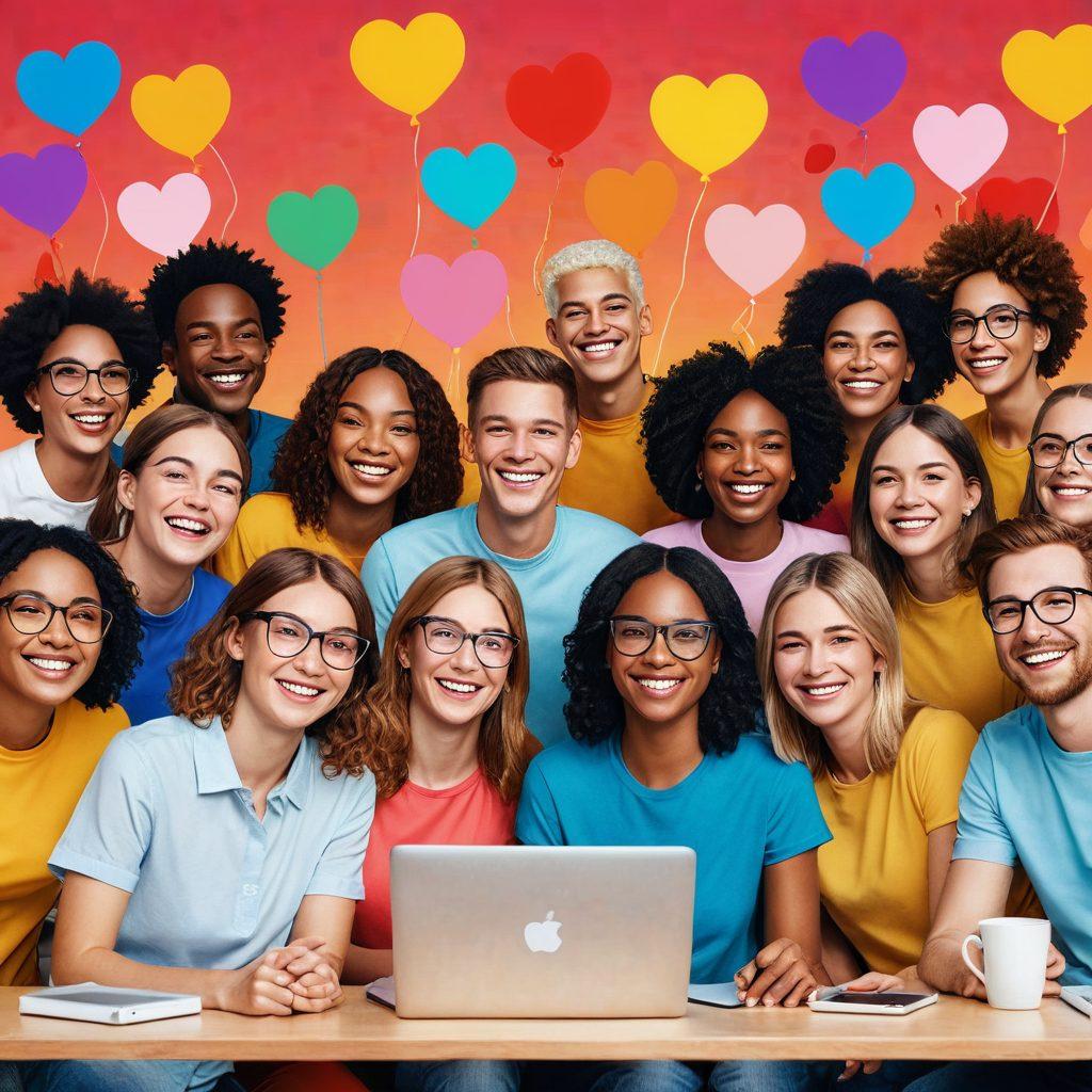 A diverse group of people engaging in a joyful online gathering, each on their own devices but united by bright, colorful digital connections. Include visual representations of positivity like smiley faces, hearts, and vibrant social media icons around them. The background should reflect a warm, inviting atmosphere, symbolizing a strong community spirit. Bright and cheerful colors to enhance the feeling of joy and connection. super-realistic. vibrant colors. digital art.