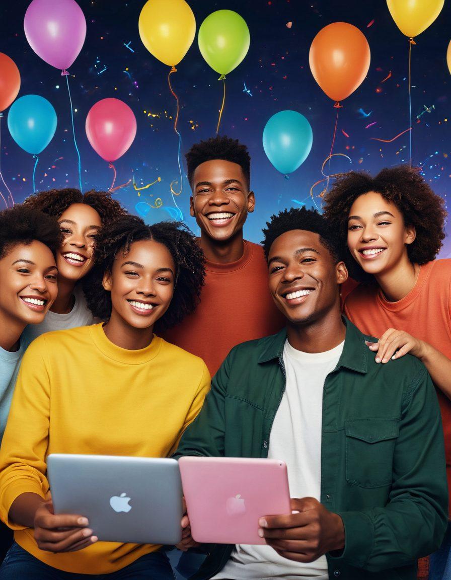 A vibrant digital artwork depicting a diverse group of people joyfully connecting through virtual devices, surrounded by colorful network lines symbolizing unity and positivity. Include symbols of upliftment, like balloons and sparks of light, to emphasize the uplifting nature of the QB9 experience. The background should be a dynamic blend of warm colors to evoke happiness and connection. super-realistic. vibrant colors. digital art.